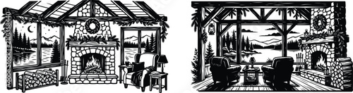 Cozy cabin interiors with fireplaces and mountain lake views