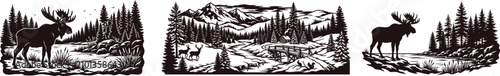 Black and white moose silhouette forest landscape illustrations