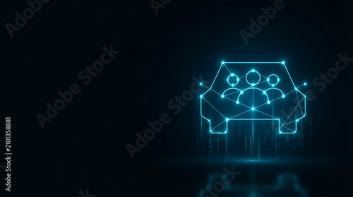 Digital illustration of futuristic car interior with glowing family silhouettes, high-contrast blue lighting, studio backdrop, tech-inspired mood emphasizing connectivity and innovation.