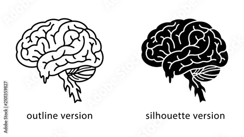 Tableau sur toile Brain Icon: Two depictions of the human brain, one as an outline and the other as a silhouette, represent cognitive function and neurological concepts