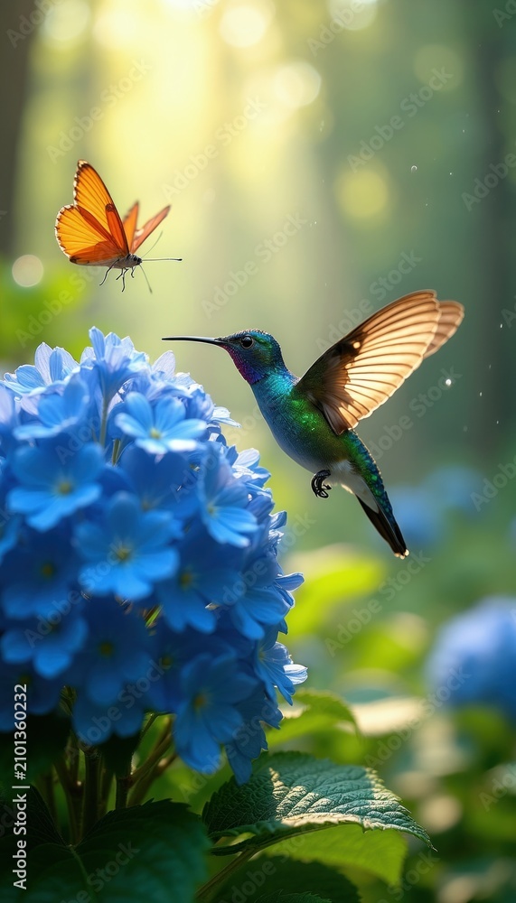 Fototapeta premium Tiny hummingbird hovers near blue hydrangea flowers. Orange butterfly flies nearby in soft sunny forest. Nature and wildlife scene in vibrant colors.