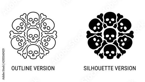 Quadro su tela Skull and Crossbones Circular Design: A striking circular arrangement featuring skulls and crossbones, presented in both an outline and silhouette version, symbolizing danger and mortality