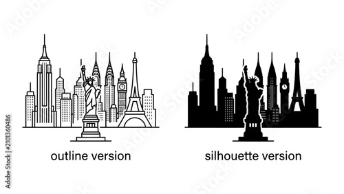 Fotografie Famous Landmarks Skyline: A detailed outline and silhouette illustration of iconic global landmarks, showcasing architectural diversity and cityscapes