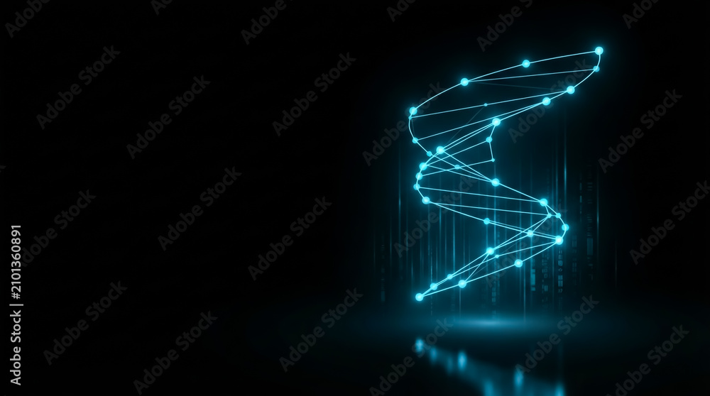 Fototapeta premium Illuminated digital DNA helix composed of glowing nodes and circuit lines against a dark, futuristic backdrop. Studio lighting emphasizes high contrast and depth for a tech-inspired composition.
