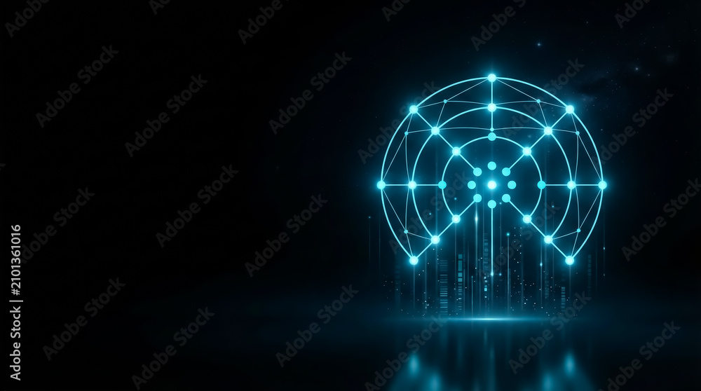 Obraz premium Illuminated digital network globe showcasing interconnected nodes over futuristic city skyline; studio lighting, abstract composition, tech-inspired mood.