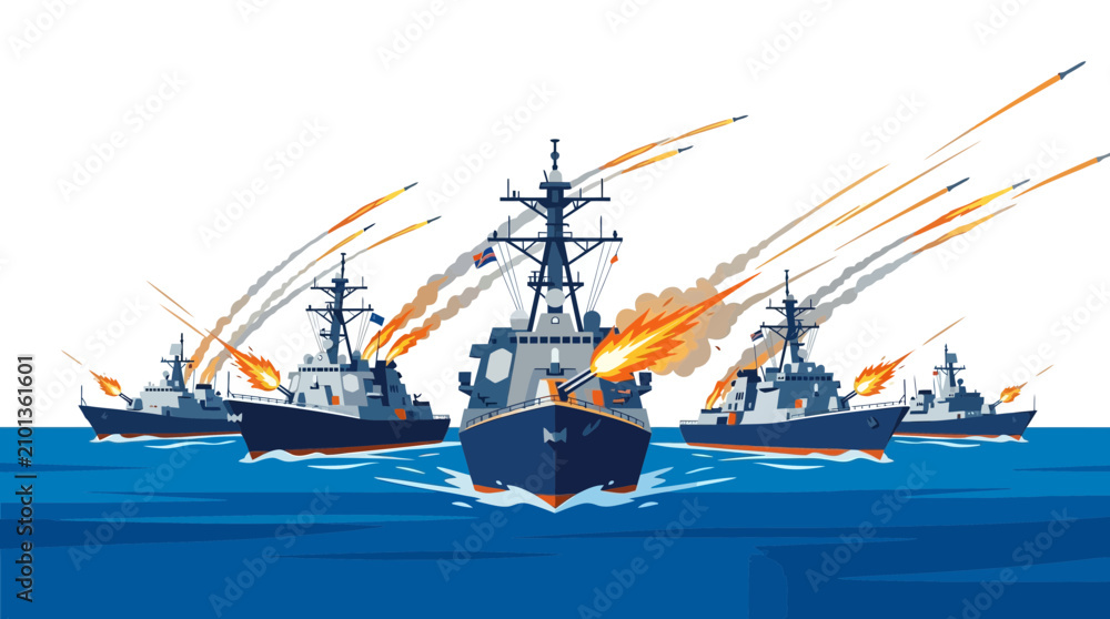 Obraz premium Modern naval fleet of destroyers in combat action launching rockets and firing artillery at sea