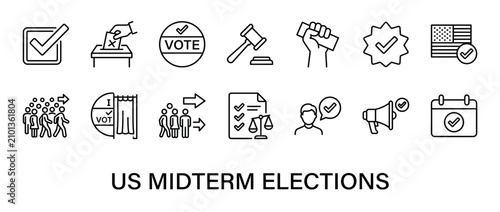 US Midterm Elections Icons: Voting, Democracy, Government, Justice, and Civic Duty Symbols