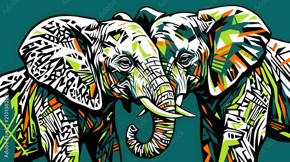Obraz premium Two Elephant Heads Close Together in Abstract Geometric Style, Stylized Wildlife Portrait with Vibrant Green and Orange Shapes, Modern Graphic Vector Illustration on Solid Dark Teal Background