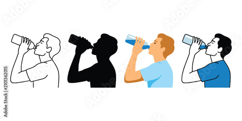 Obraz na płótnie Man hydrating icons featuring drinking water from bottle, hydration reminder, fitness wellness, healthy lifestyle, and clean vector illustration