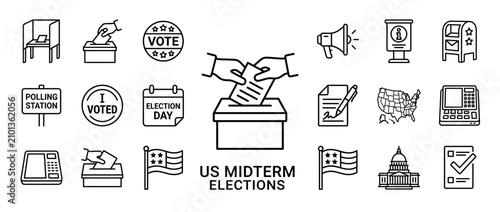 US Midterm Elections Icons Set: Voting Booth, Ballot Box, Ballot, USA Map, Capitol Building