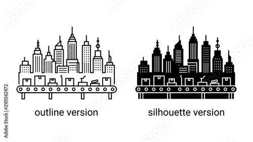 Bild auf Leinwand Industrial Cityscape: A stylized depiction of a bustling city skyline integrated with a conveyor belt system, representing industry, production, and urban development