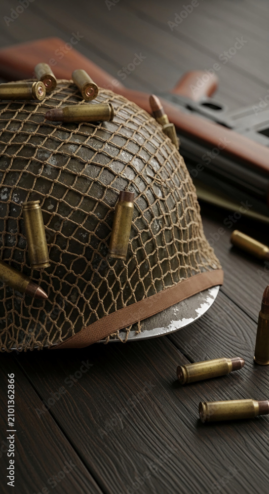 Fototapeta premium A military helmet covered in a net, with bullets scattered around, symbolizing conflict and preparedness for war