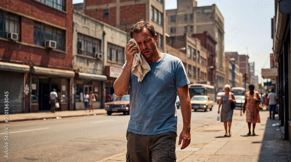 Fototapeta premium Man Wipes Sweat from Forehead on Scorching Urban Street, Struggling with Intense Summer Heat and Exhaustion