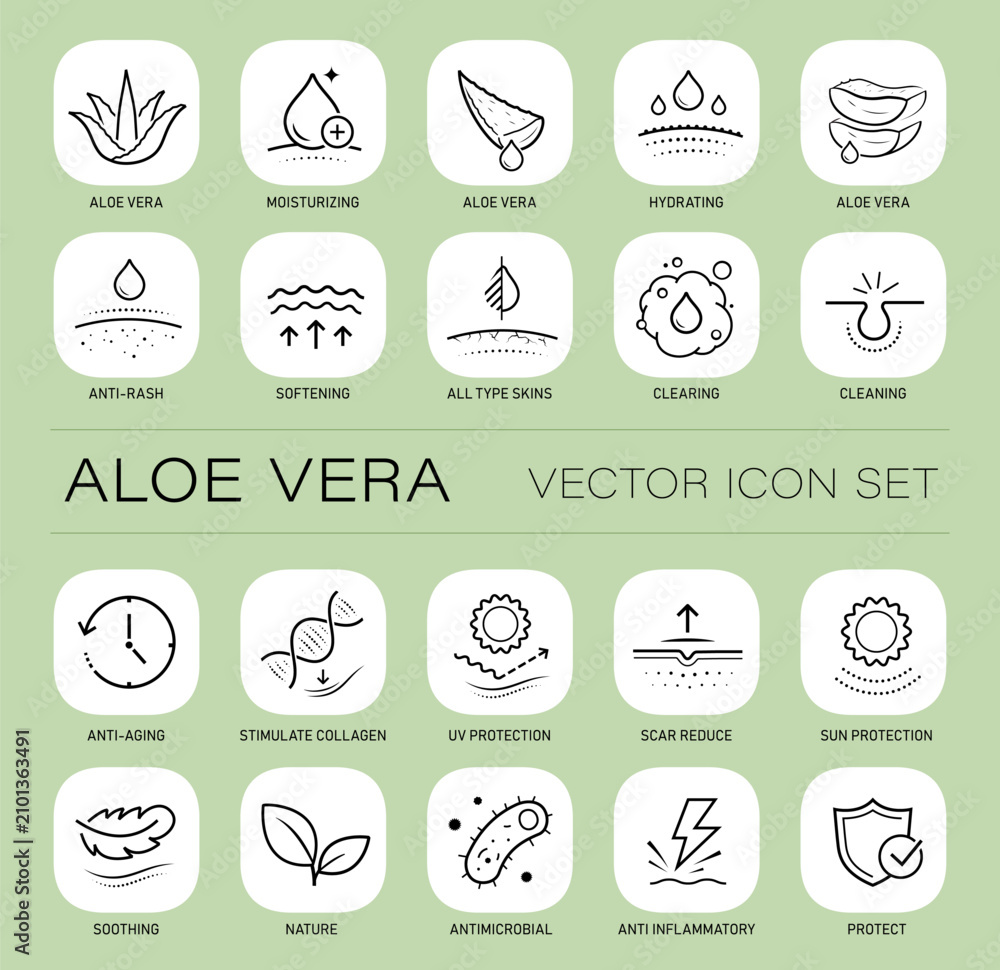 Fototapeta premium Aloe vera skincare icon set for natural cosmetic packaging labels and beauty product infographics. The outline vector icons are well scalable for packaging label. EPS10.