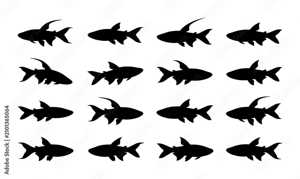 Fototapeta premium Shark Silhouettes Vector Set, Marine Wildlife Icons, Ocean Predator Graphics, Aquatic Animal Collection, Black and White Underwater Shapes