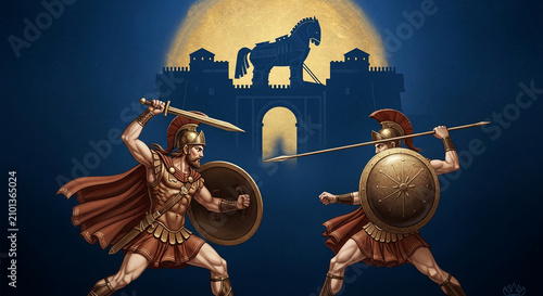 Ancient warriors with shields and swords face each other before a castle with a Trojan horse, symbolizing conflict and strategy.