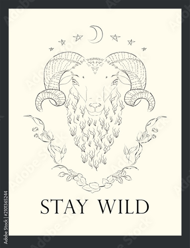 Ram Head Boho Poster Stay Wild Hand Drawn Line Art With Moon And Floral Frame