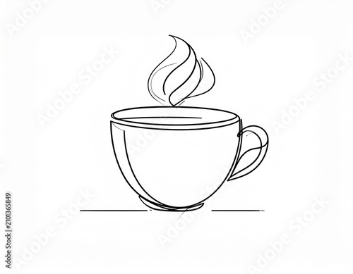 Minimalist hand drawn coffee cup icon with steaming hot beverage line art illustration