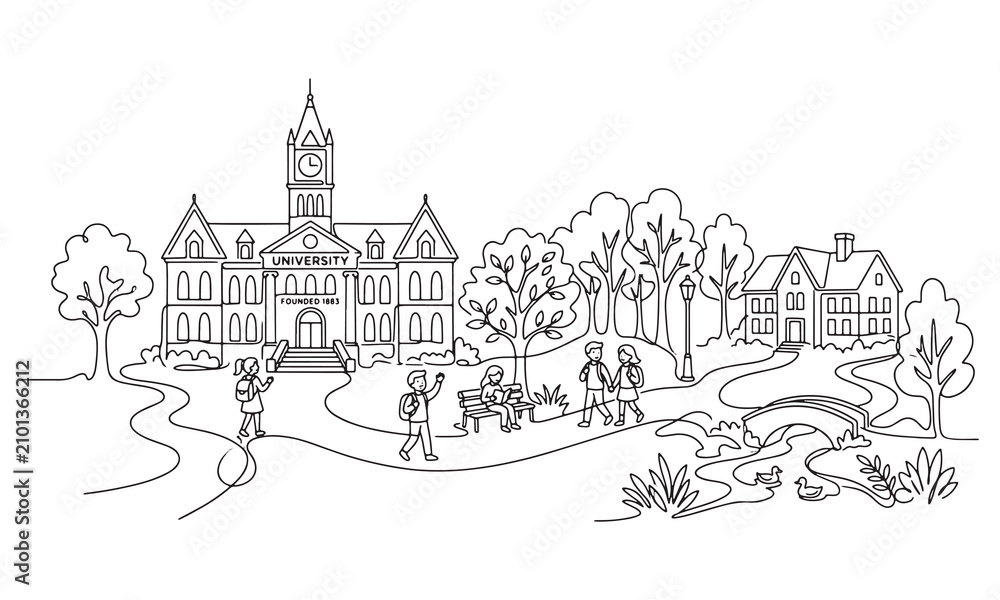 Obraz premium Continuous line of a university campus with students walking on paths, trees, a bridge over a stream, and a clock tower building on a white background, for education concepts