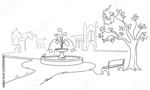 Single line of a park fountain with a bench and a tree, featuring architectural building silhouettes in the background, on a white background