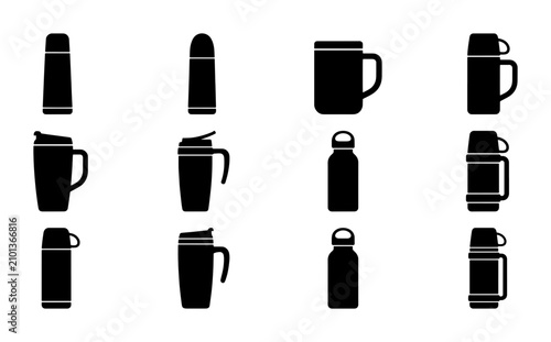 Set of 12 Black Silhouette Icons: Thermos Flasks, Mugs, and Water Bottles for Travel and Outdoor Use