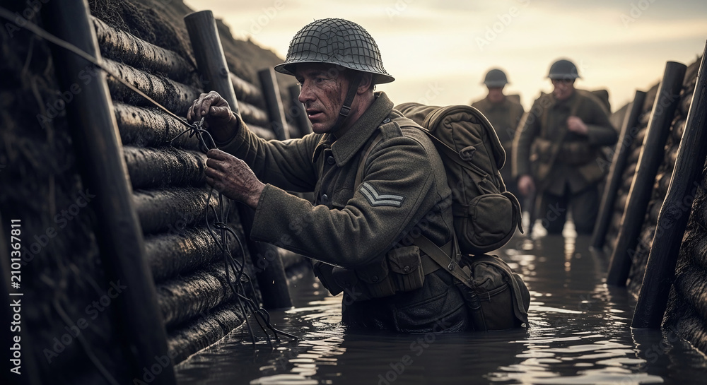 Fototapeta premium Soldier in uniform and helmet working on a trench wall, symbolizing struggle, conflict, and resilience in a wartime setting.
