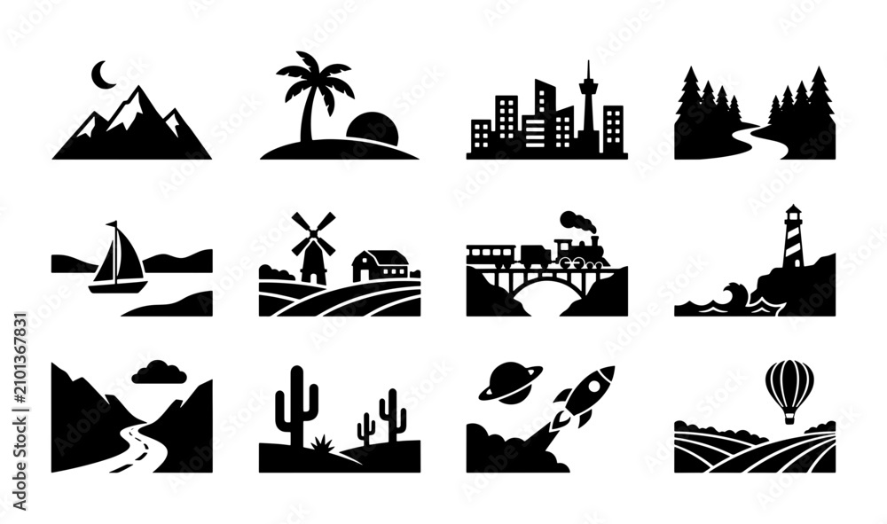 Fototapeta premium Diverse Landscape Icons Collection, 12 Vector Elements for Travel, Nature, and City Scenes, Black and White Outdoor Scenes