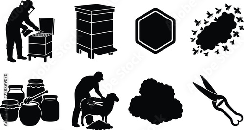 Cuadro en lienzo Silhouette Icons of Beekeeping and Sheep Shearing with Honey, Wool, Bees and Far