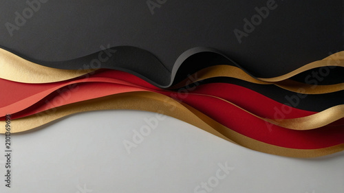 Abstract flowing ribbon background in German national colors – modern black, red and gold wave design, AI generated