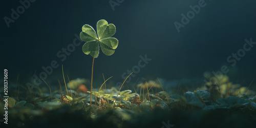 A single four-leaf clover bathed in a soft, ethereal light, symbolizing luck and new beginnings