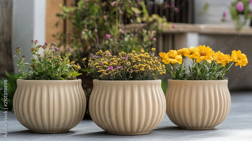Fototapeta premium Three stylish ceramic pots filled with vibrant yellow and purple flowers, creating a charming and natural indoor garden display