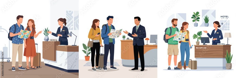 Obraz premium Set of Flat Illustrations of Tourist Couples Checking Into a Hotel and Consulting with Receptionists at the Front Desk