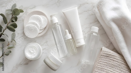 Minimal skincare products, cotton pads, towel, and eucalyptus arranged on marble suit beauty, spa, wellness, or clean personal care advertising.