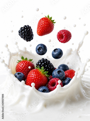 Mixed Berries Splashing into Fresh Milk