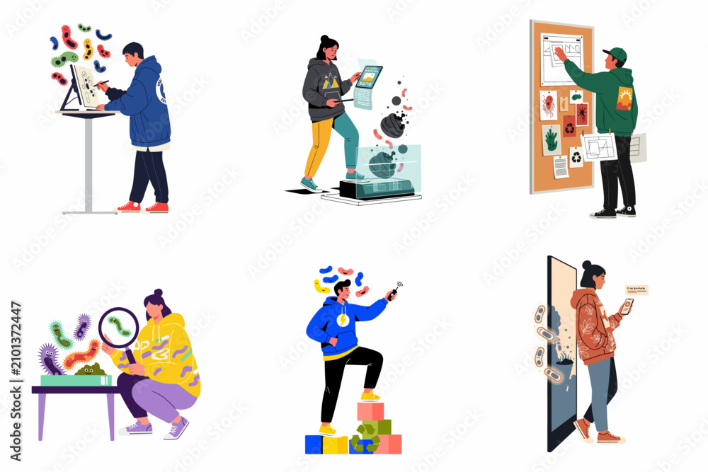 Fototapeta premium Collection of illustrations featuring young people studying microbiology, environmental science, and recycling through modern technology and creative research methods.