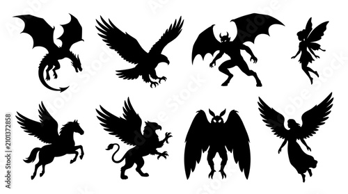 Set of black silhouettes featuring mythological creatures, fantasy animals, eagle and fairy, vector elements for heraldic design and dark legends