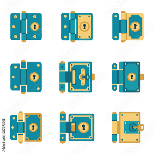 collection of flat design door hinges and locks in teal and gold, security and access symbols, vintage hardware elements