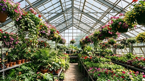 A sunlit greenhouse filled with hanging baskets, potted tropical foliage, and colorful blooming plants suits gardening retail, nursery promotion, or botanical decor marketing.