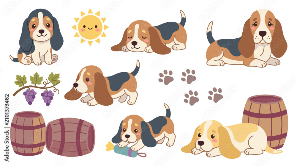 Obraz premium set of cute basset hound dog illustrations with barrels, grapes and sun, joyful pet collection for stickers and decor, playful canine characters