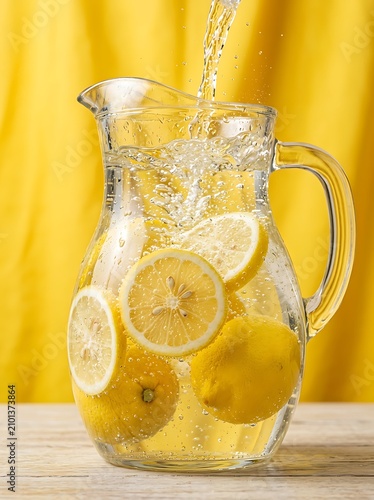 Fresh lemonade being poured into a glass pitcher with lemon slices