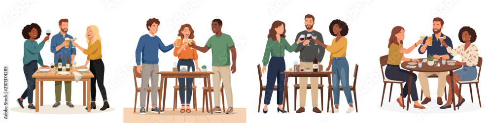 Obraz premium Diverse groups of friends socializing, chatting and drinking together in various casual indoor settings