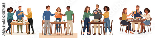 Diverse groups of friends socializing, chatting and drinking together in various casual indoor settings