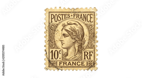 Принти на полотні Vintage French postage stamp featuring Marianne with laurel wreath and 10 centim