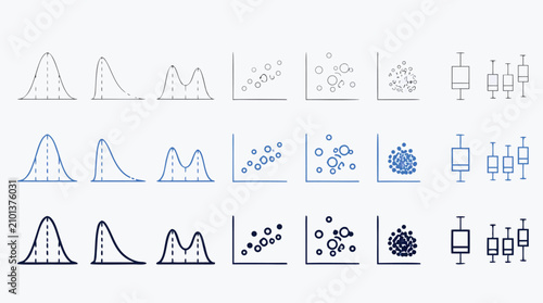 Statistical distribution outline icon set with bell curves, scatter clusters, correlation plots and box plots in editable stroke blue monochrome vector data visualization collection