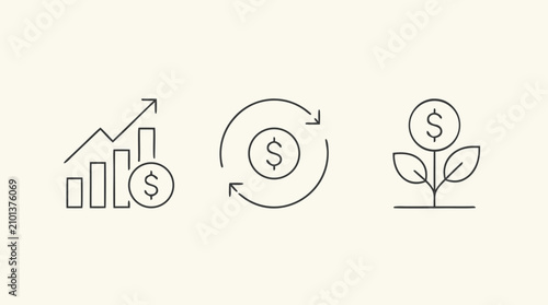 Capital gains, return on investment and yield thin line icon set with rising bar chart, circular revenue arrows and money plant, editable stroke flat vector finance growth symbols for business reports