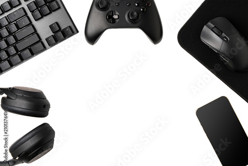Modern Gamer Table Equipment With Keyboard And Game Controller Isolated On Transparent Background