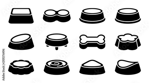 Konstfotografi Pet Food Bowls Vector Icons Set, Animal Feeding Dishes Collection, Dog Cat Nutri