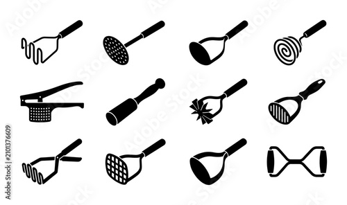 Foto Collection of 12 Black and White Kitchen Utensil Icons: Potato Mashers, Presses,