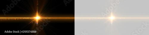 Foto Golden cross lens flare with horizontal streak and glowing particles