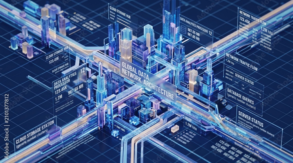 Fototapeta premium Futuristic Global Data Network Architecture, Cloud Storage Hub, Analytics Processor, Server Status, Digital Cityscape, Big Data Infrastructure, Cyber Security Concept, Tech Back...